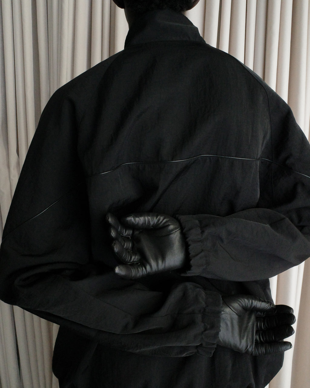 LEATHER PIPED BOMBER JACKET - BLACK