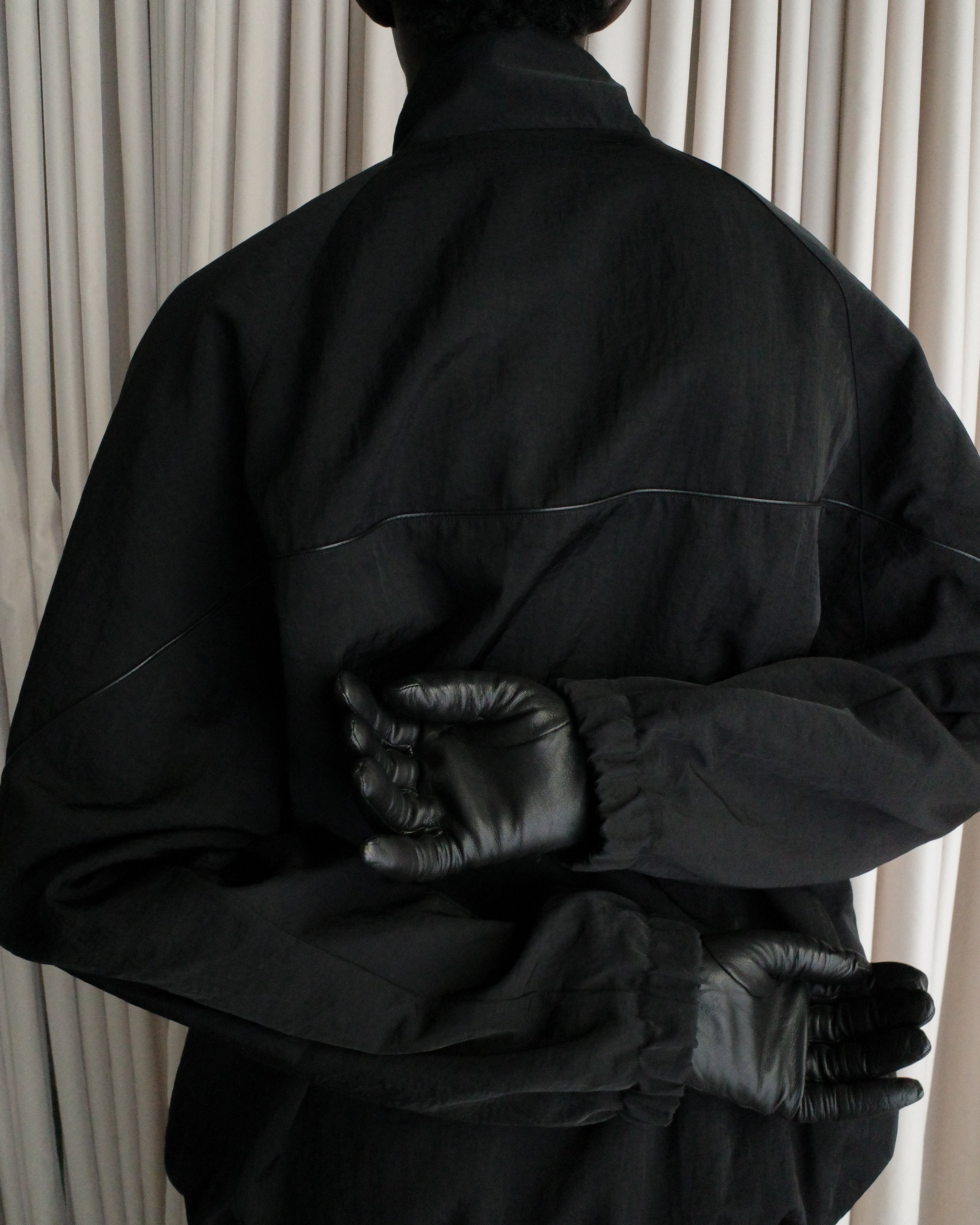 LEATHER PIPED BOMBER JACKET - BLACK