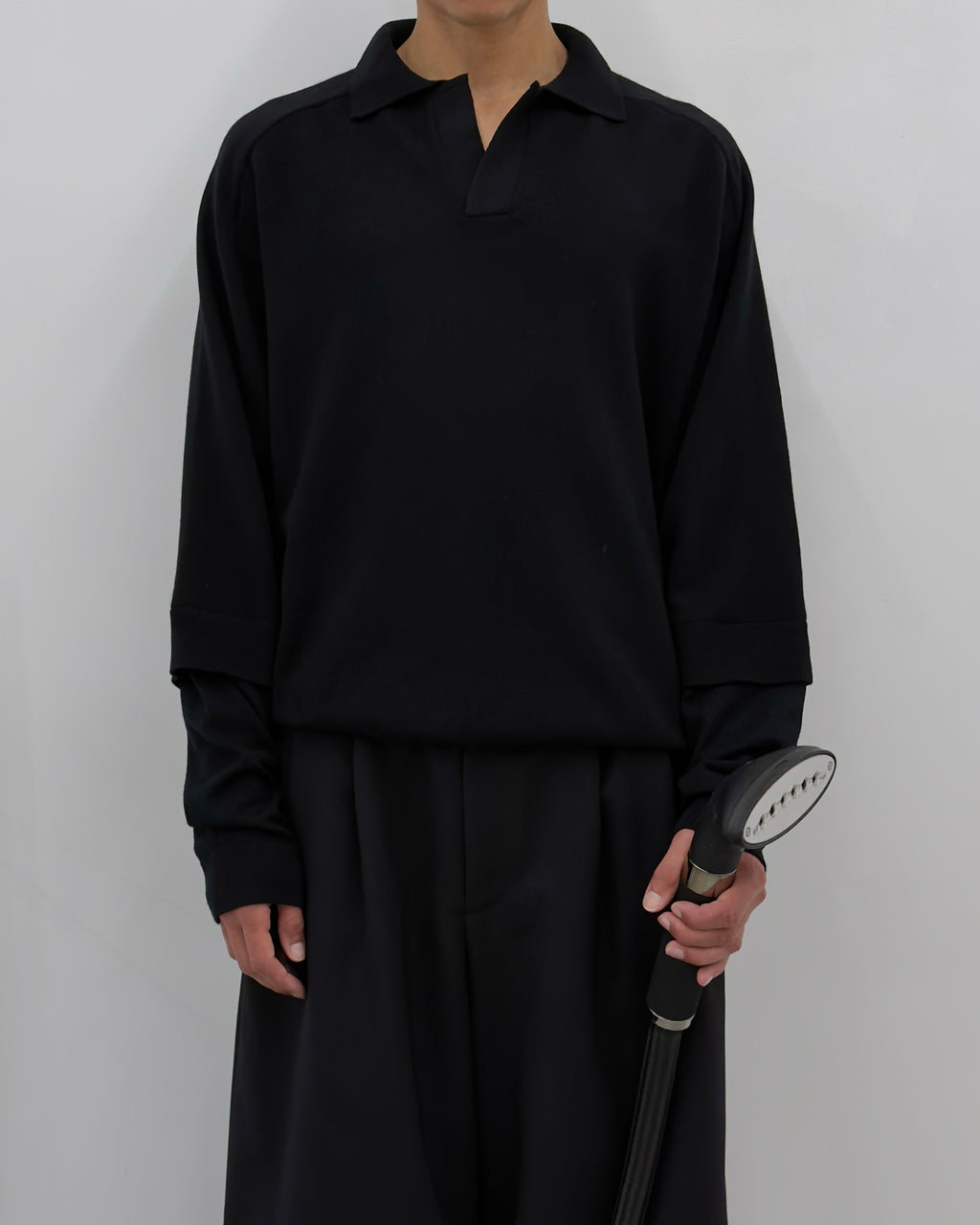 LAYERD SLEEVE KNIT SKIPPER-BLACK