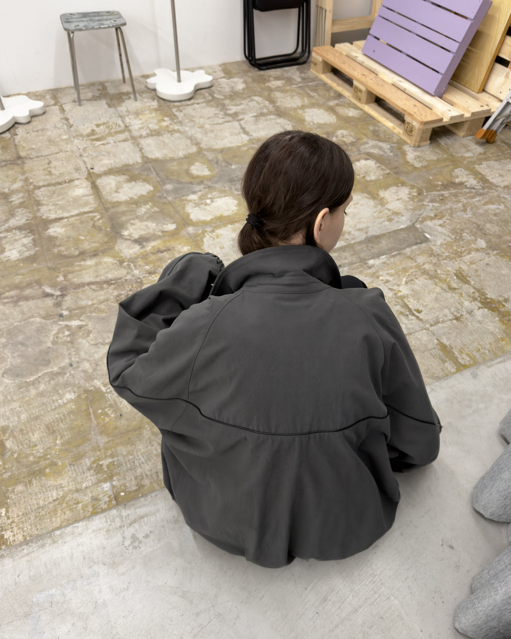 LEATHER PIPED COTTON GABARDINE JACKET-GRAY