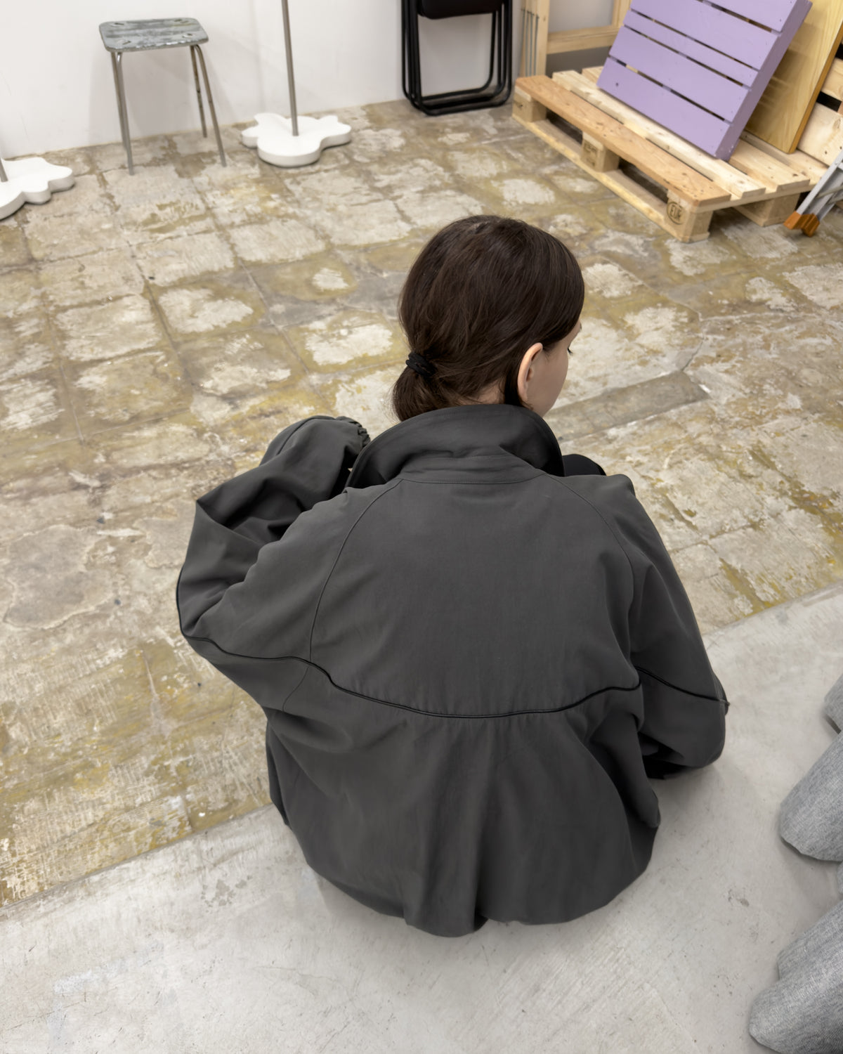 LEATHER PIPED COTTON GABARDINE JACKET-GRAY
