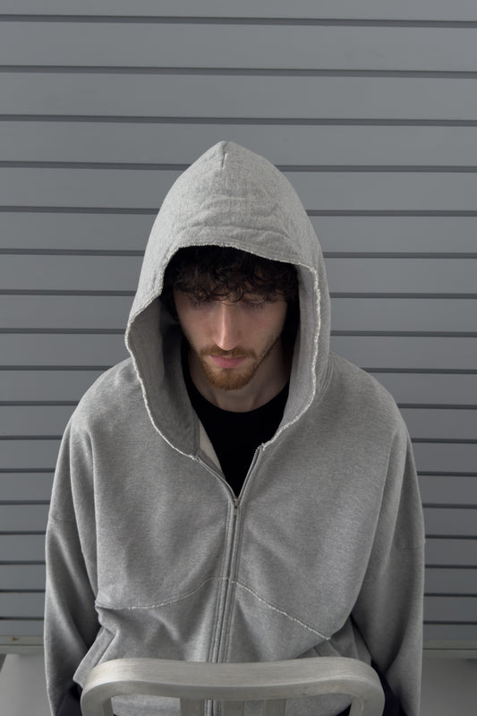 CUT OFF ZIP HOODIE - HEATHER GRAY