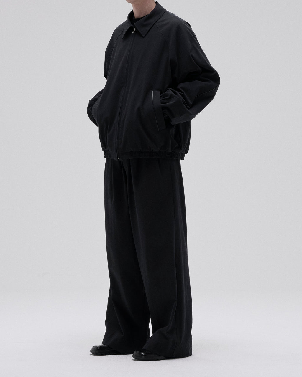 LEATHER PIPED COTTON GABARDINE JACKET-BLACK