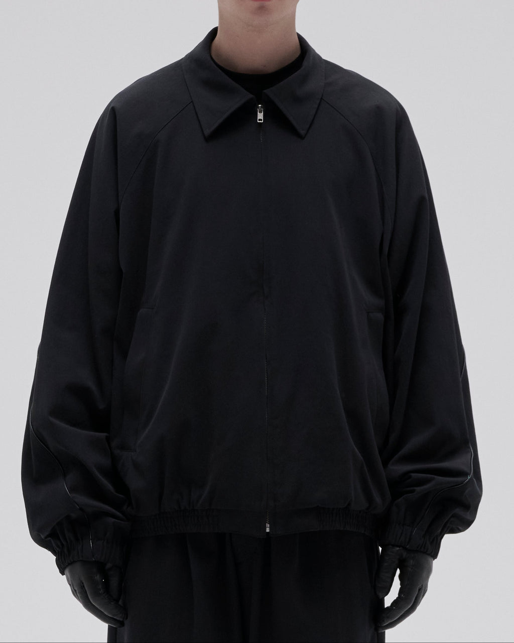 LEATHER PIPED COTTON GABARDINE JACKET-BLACK