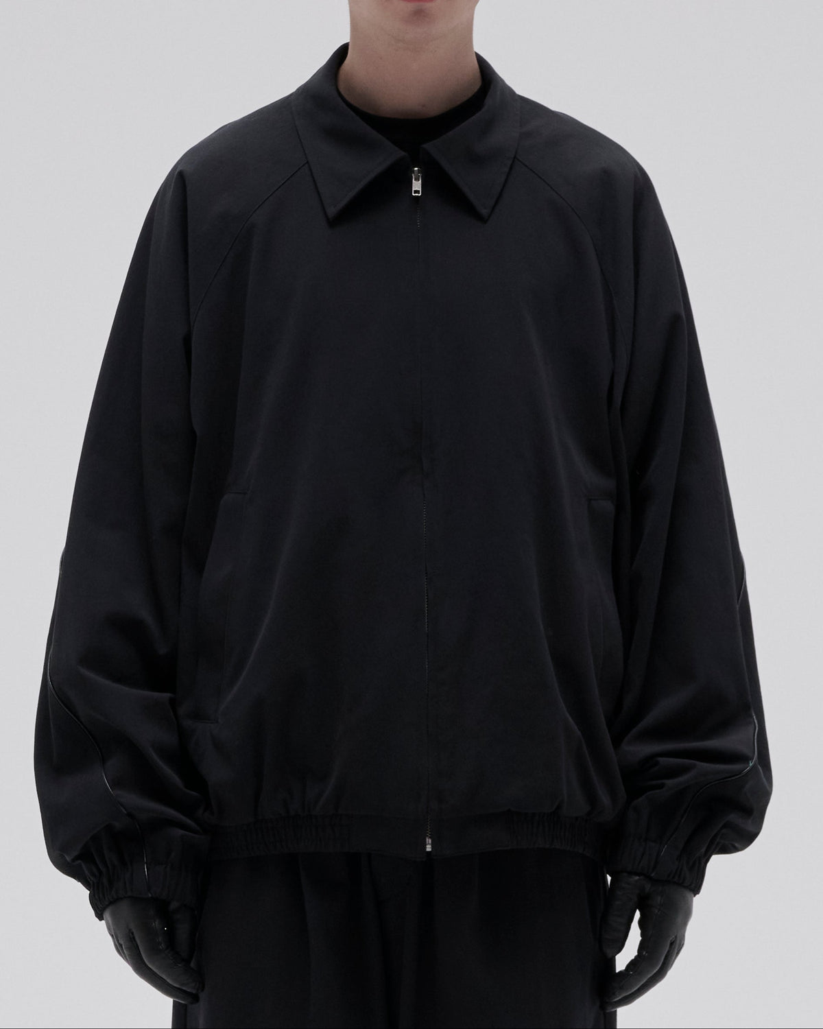 LEATHER PIPED COTTON GABARDINE JACKET-BLACK