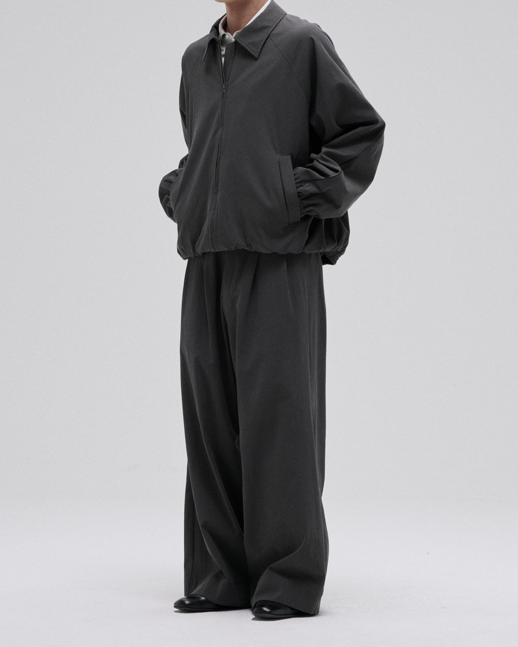 LEATHER PIPED COTTON GABARDINE JACKET-GRAY