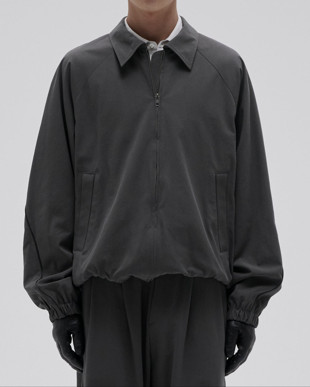 LEATHER PIPED COTTON GABARDINE JACKET-GRAY