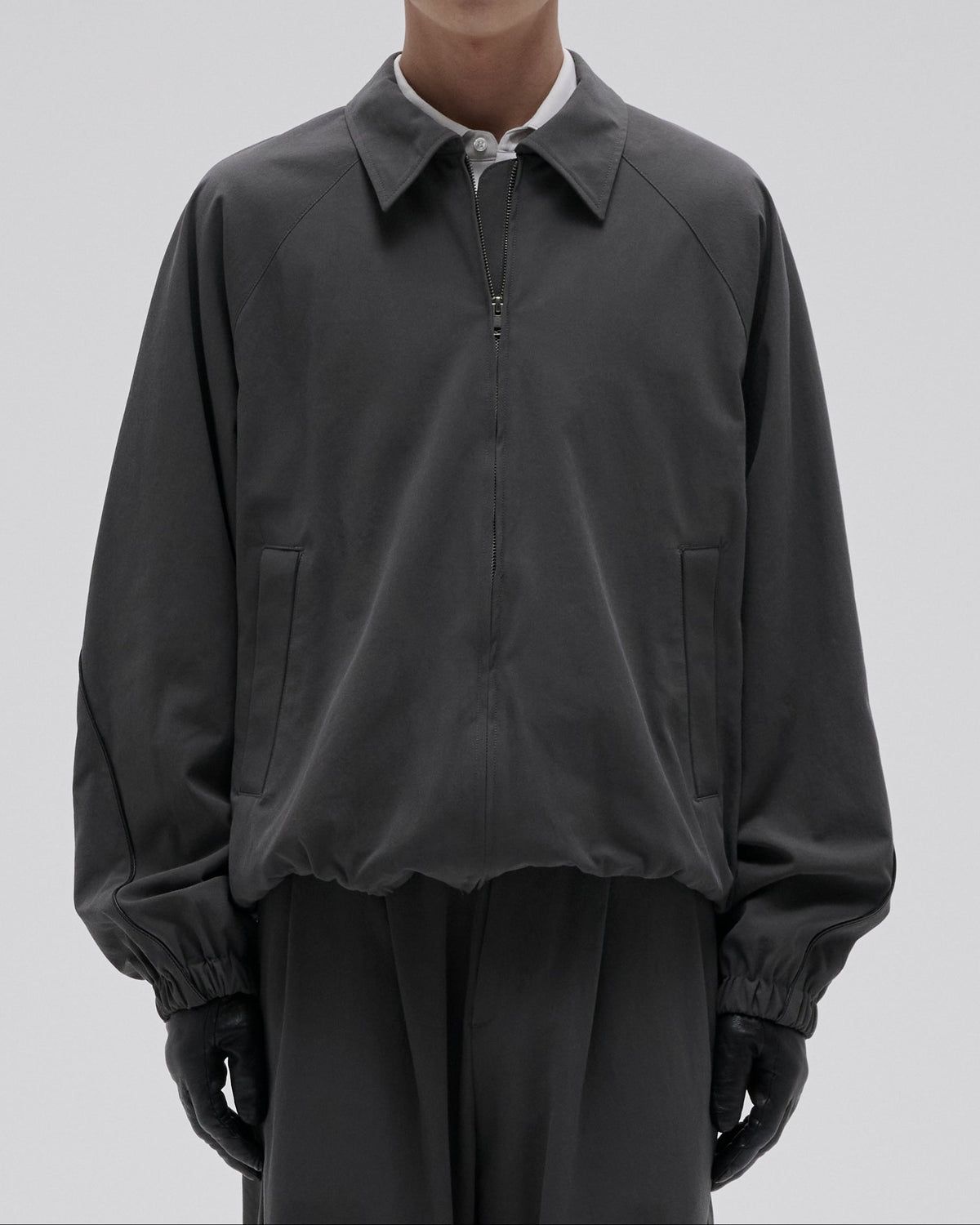LEATHER PIPED COTTON GABARDINE JACKET-GRAY