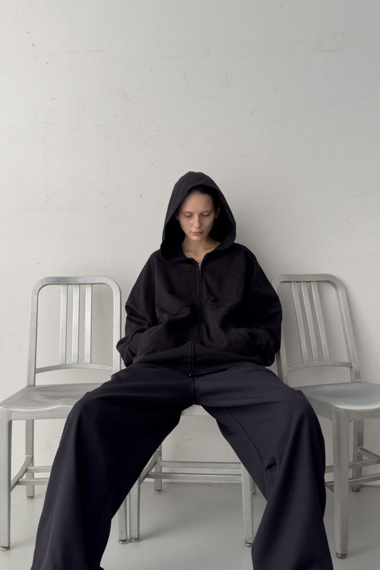CUT OFF ZIP HOODIE - WASHED BLACK