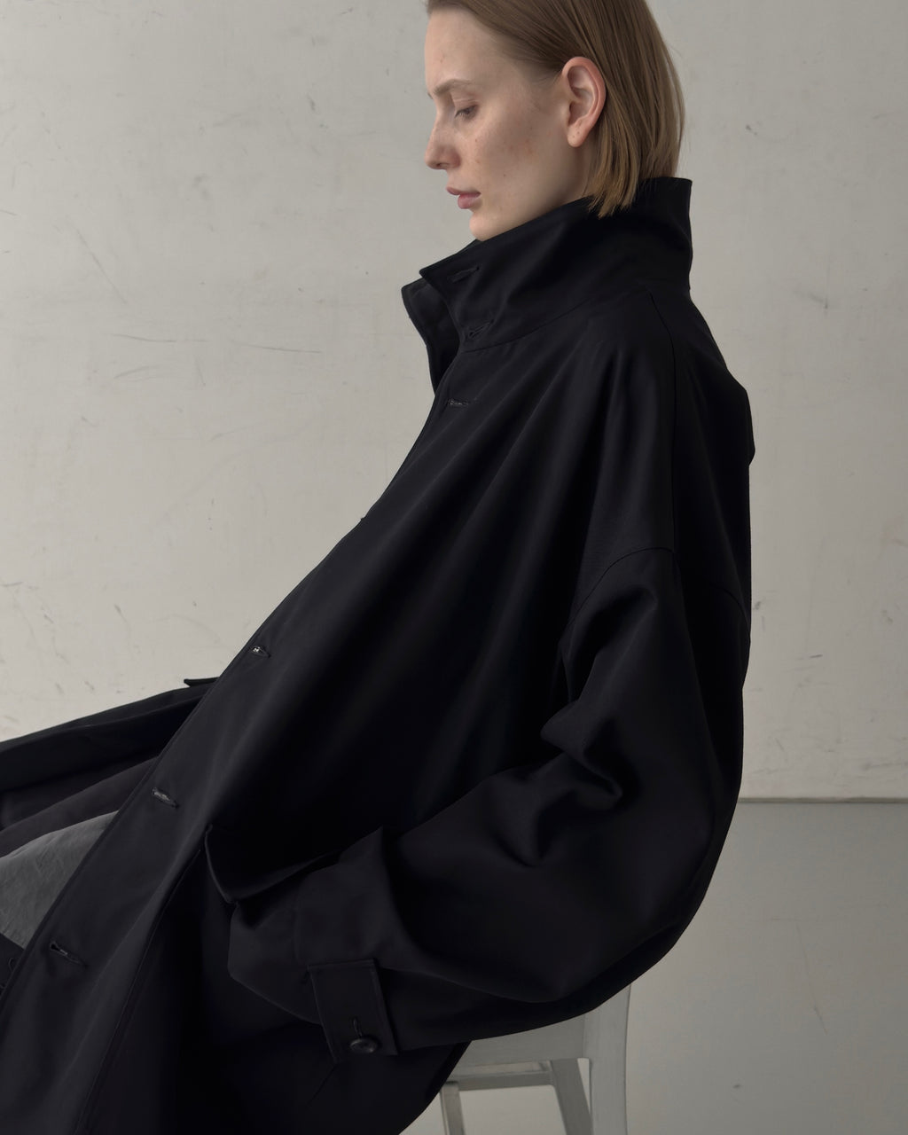 WOOL CHAMBRAY OVERCOAT - BLACK