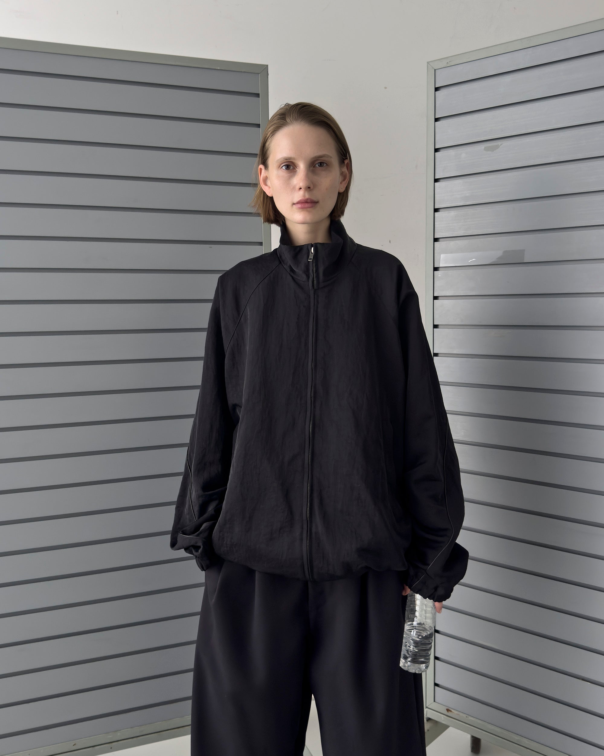 LEATHER PIPED BOMBER JACKET - BLACK