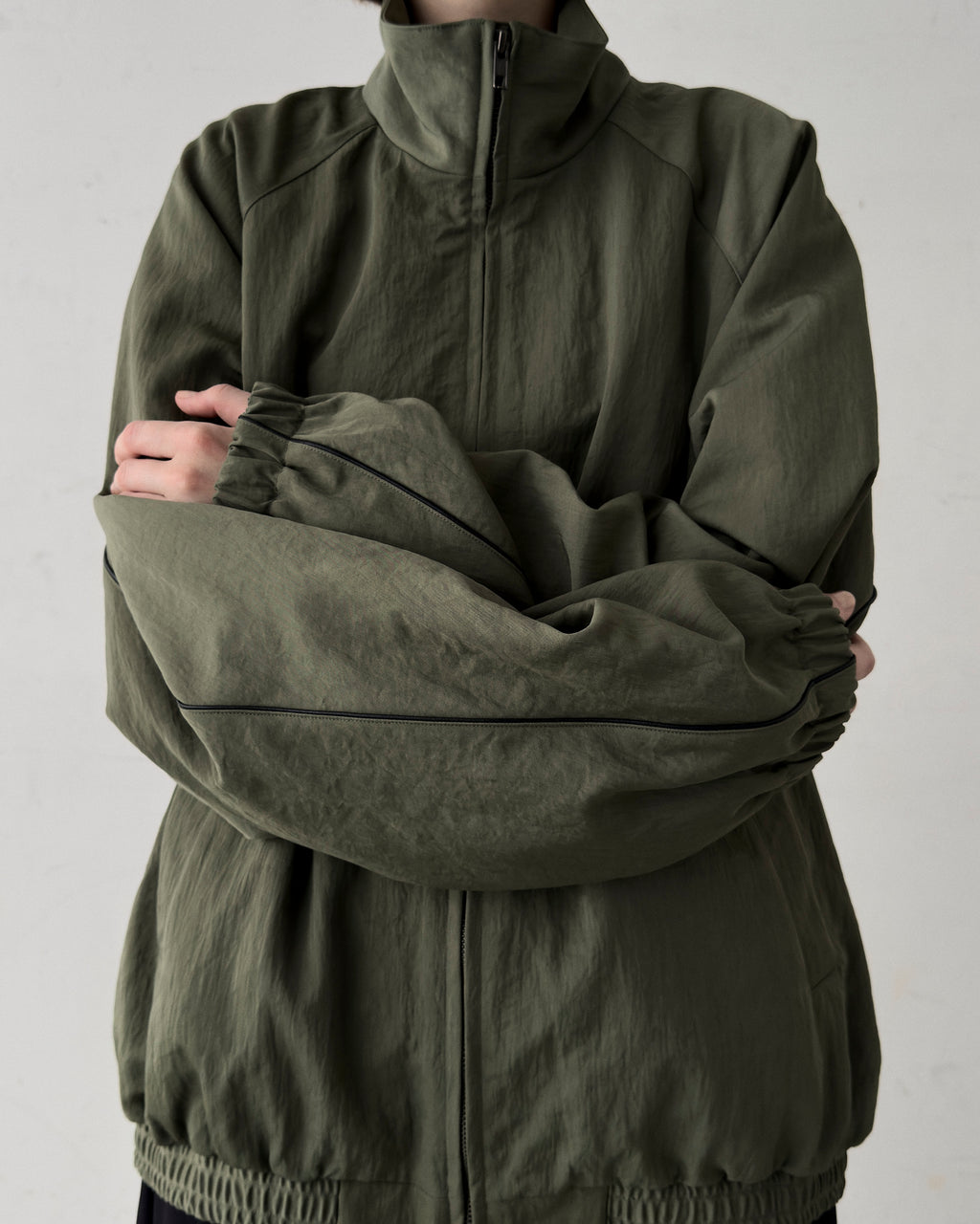 LEATHER PIPED BOMBER JACKET - GREEN