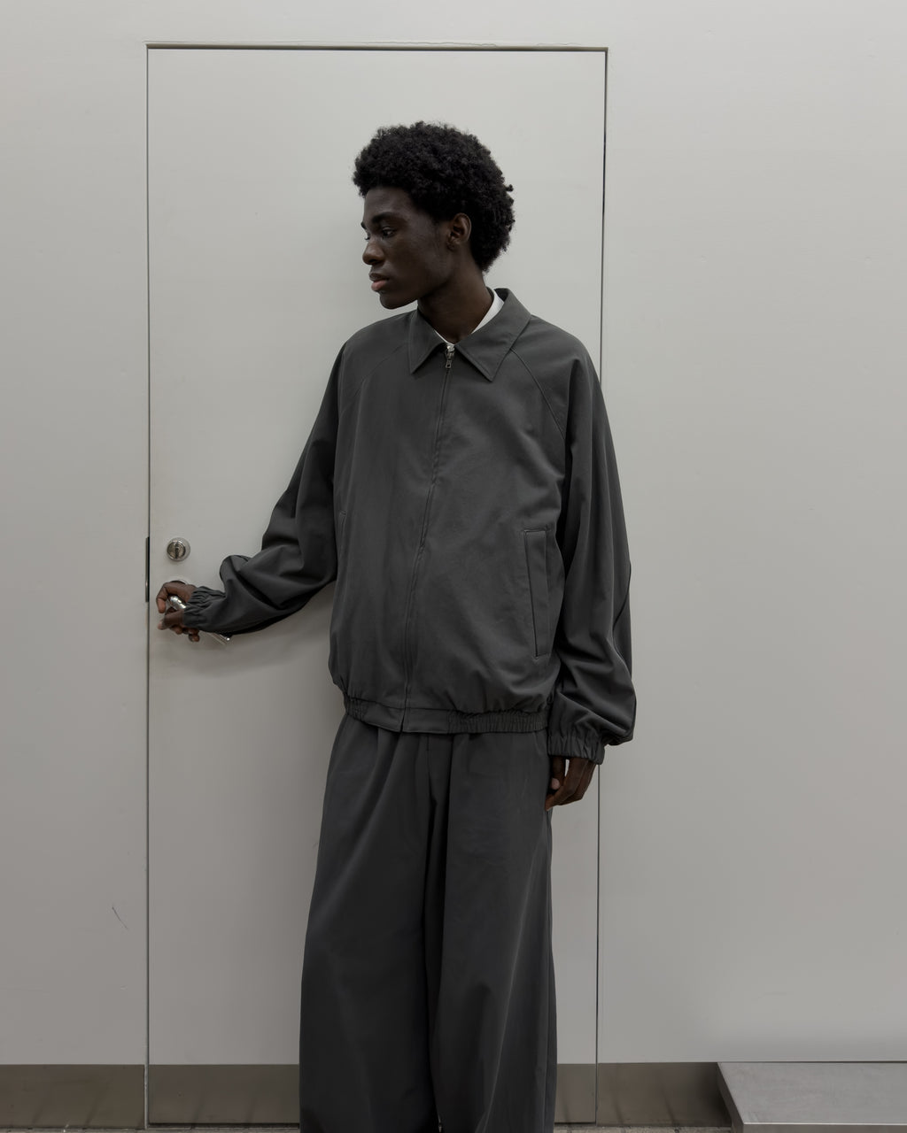 LEATHER PIPED COTTON GABARDINE JACKET-GRAY